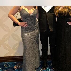 La Femme Glittering Silver Prom Dress